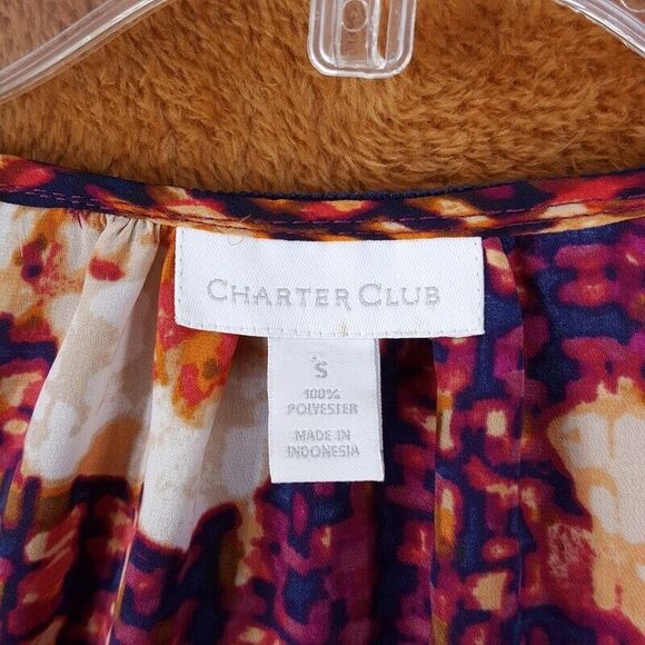 CHARTER CLUB Womens Top Small Tan Floral Button Up Shirt Silky Blouse - Picture 2 of 8